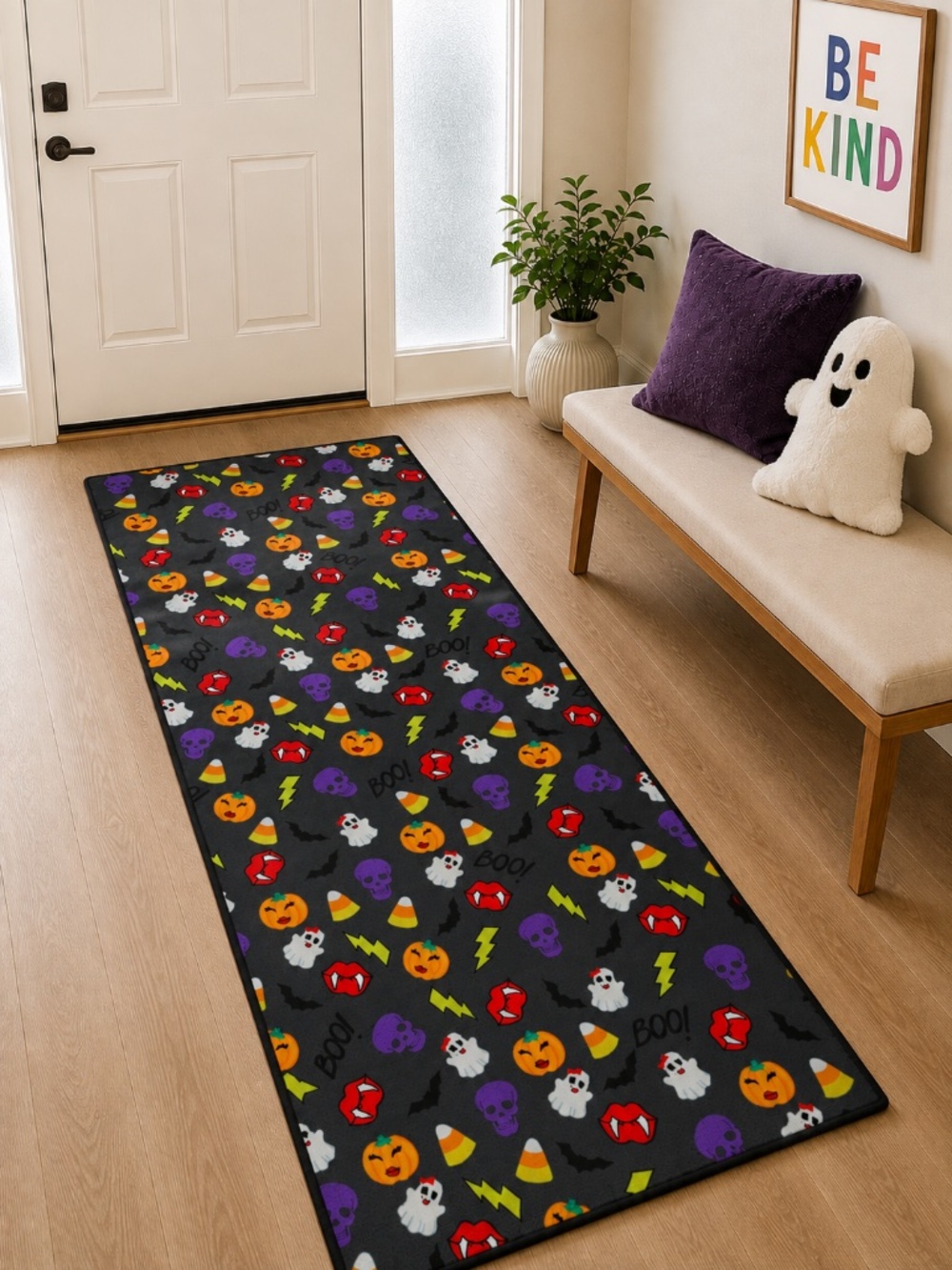 Betsey Johnson Halloween Runner Rug 24x60 Charcoal Ghost Skull Pumpkin Washable